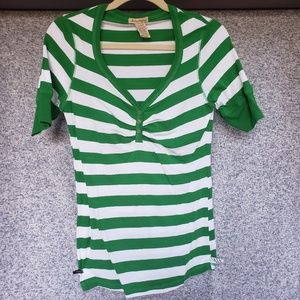 Green White Stripe 3/4 Sleeve Women Tee Shirt